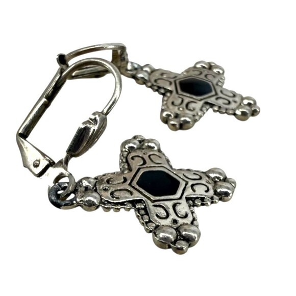 Inca Chakana Cross Earrings Silver Tone Black Onyx Inlay Dangle Boho NO MARKINGS - Picture 7 of 15